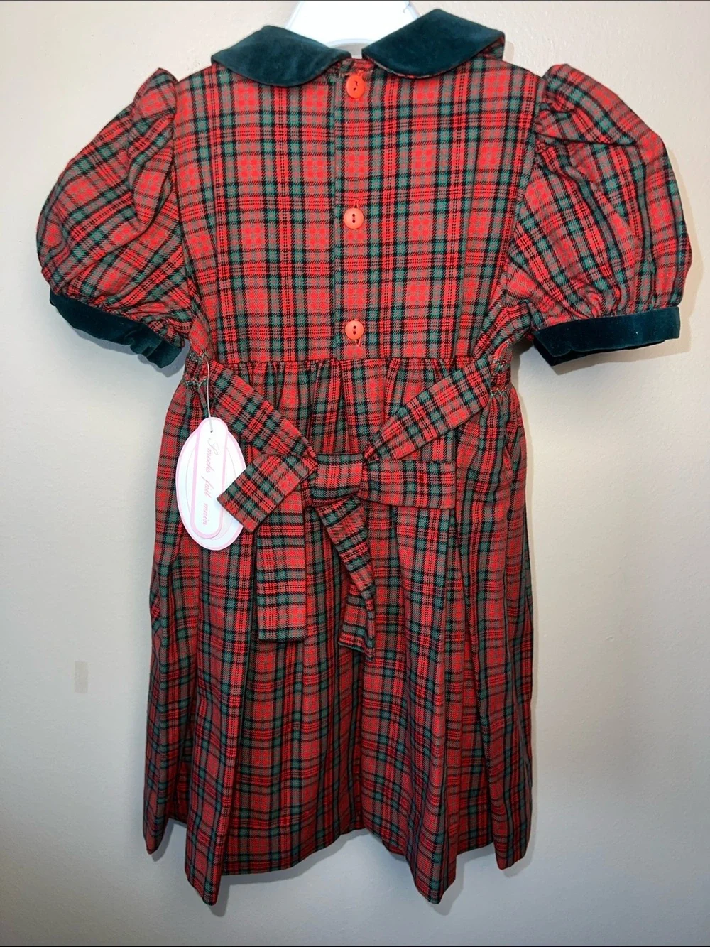 Vintage Red Holiday Plaid Dress With Velvet collar and cuffs - 12M 24M 2Y 3Y​